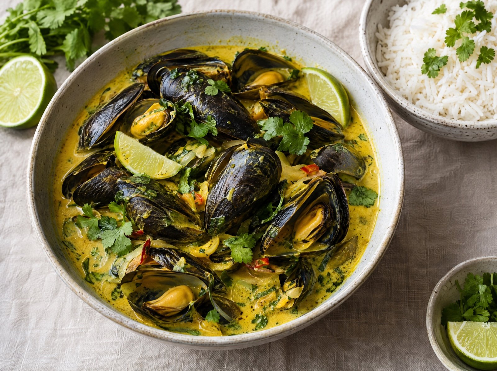 Miesmuscheln in Kokos-Curry mit Limette und Koriander