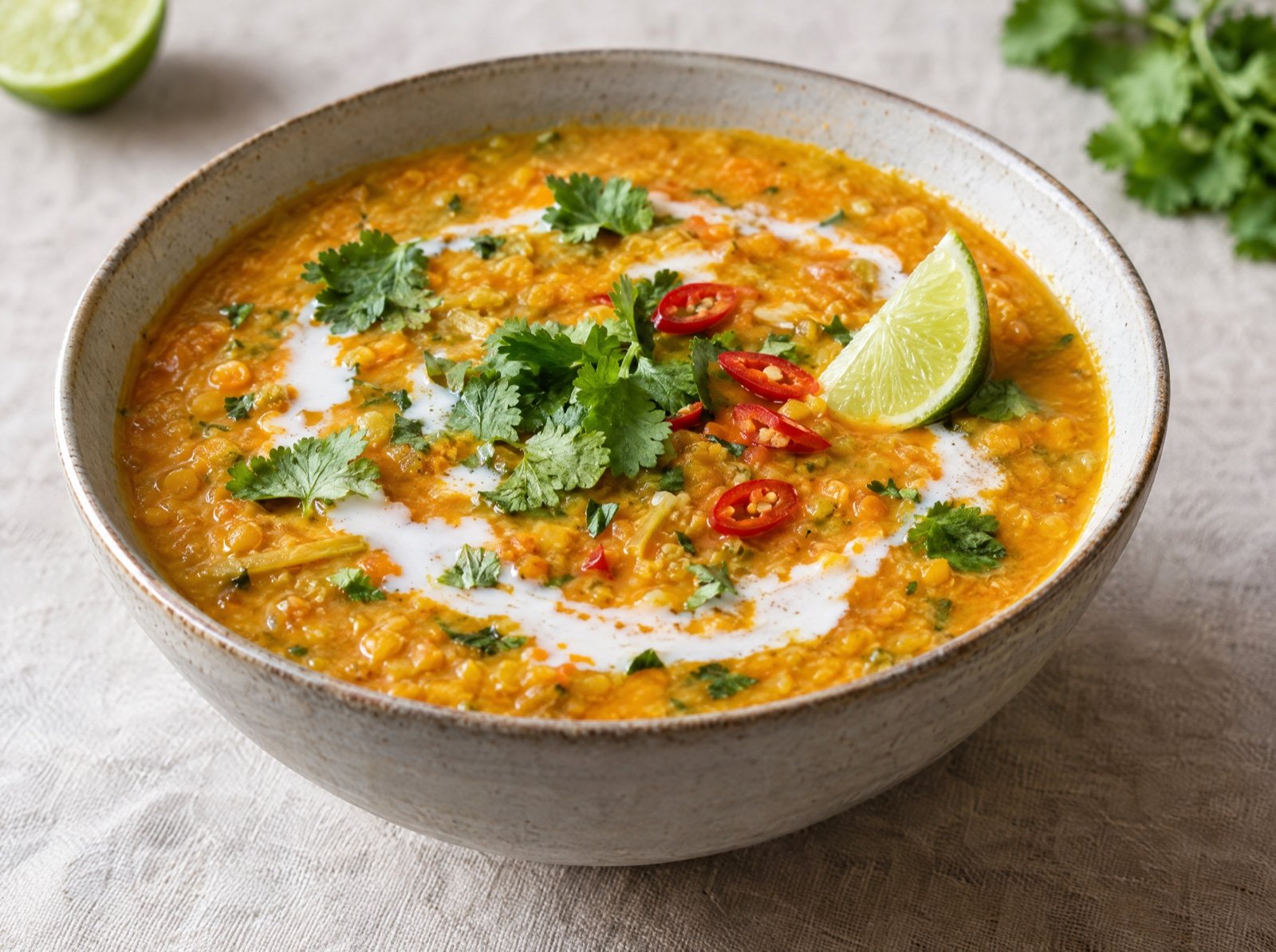 Rotes Linsen-Dal mit Kokos, Zitronengras und Limette