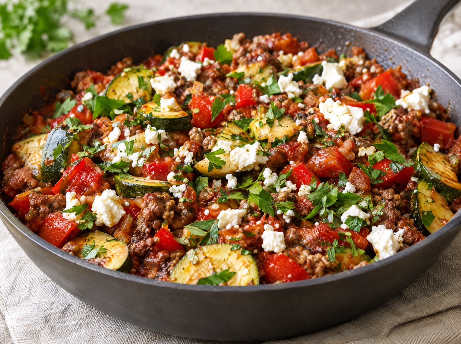 Mediterrane Hackfleisch-Zucchini-Pfanne mit Feta