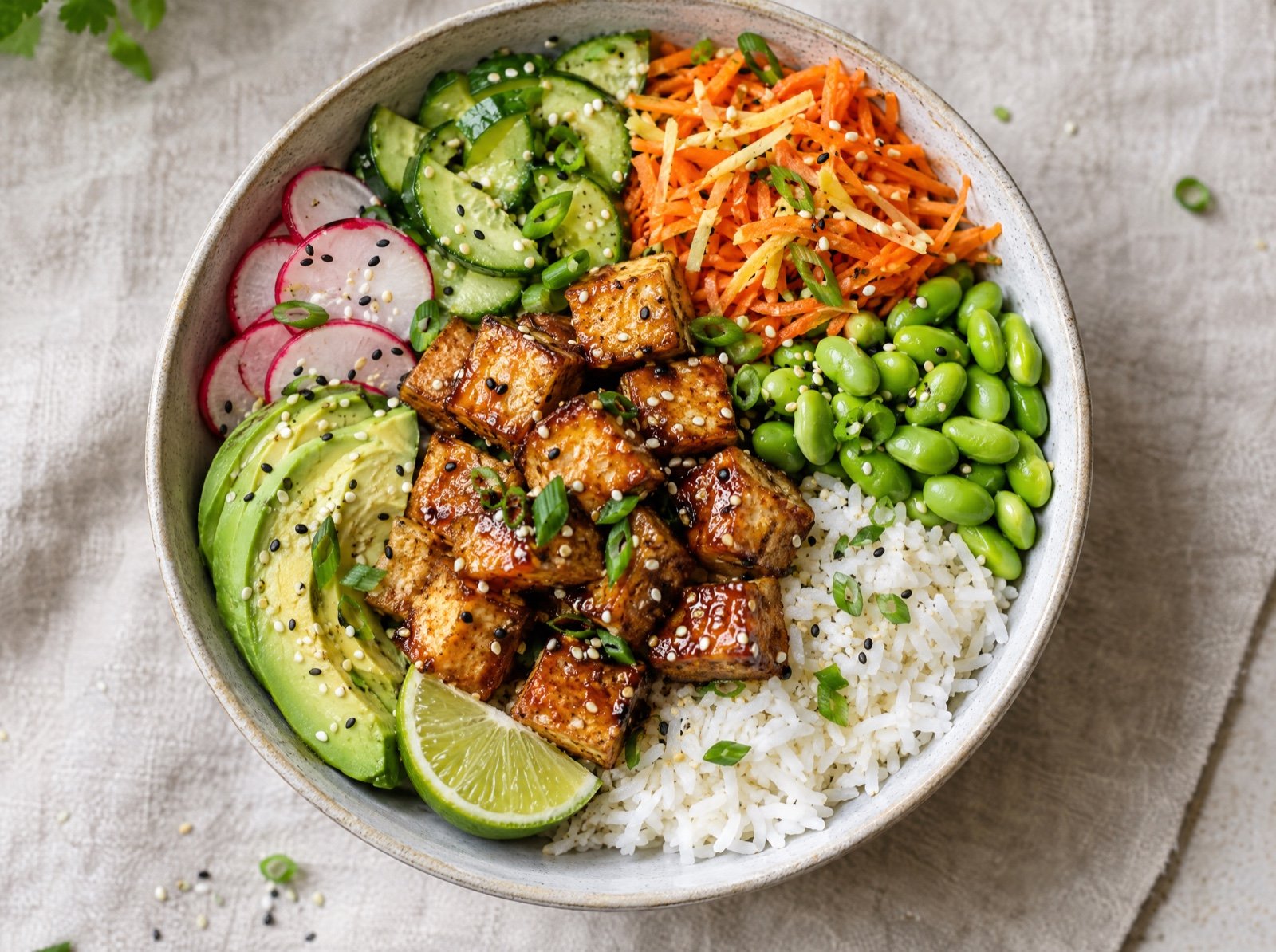 Sesam-Tofu-Bowl mit Edamame und Ingwer-Möhren