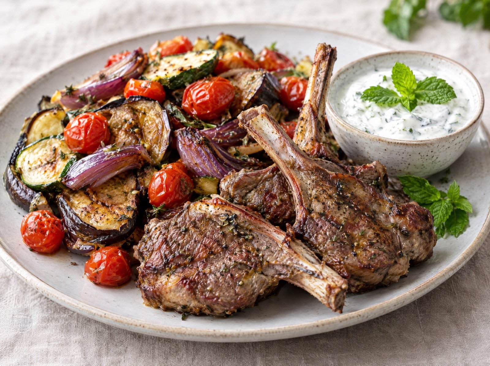 Lammkoteletts mit Ofengemüse und Joghurt-Minz-Dip