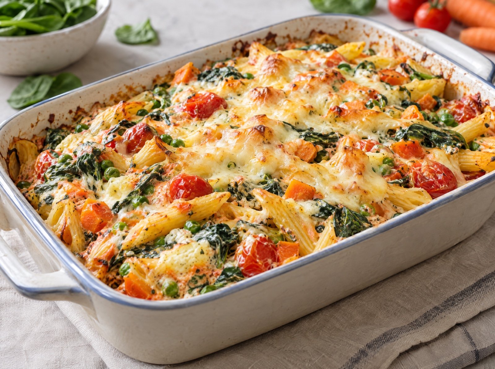 Bunter Ricotta-Nudelauflauf mit Spinat und Karotten