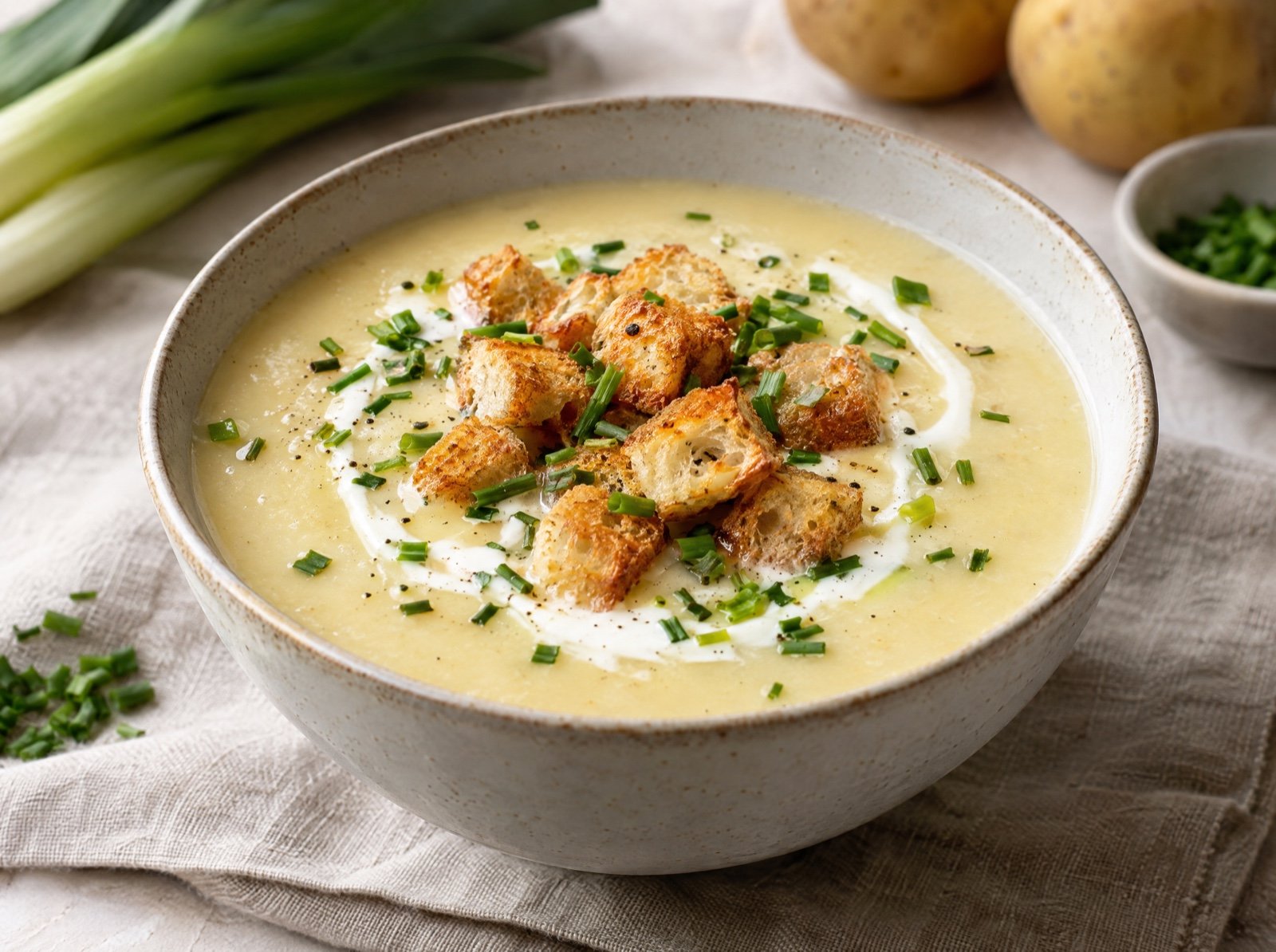 Kartoffel-Lauch-Cremesuppe mit Croutons