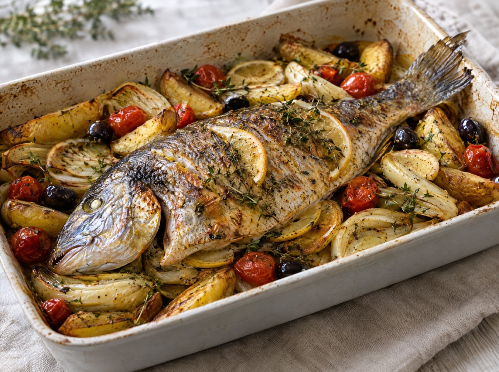 Ofen-Goldbrasse mit Fenchel, Kartoffeln und Zitrone