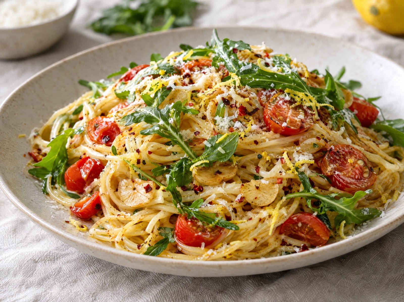 Spaghetti aglio e olio mit Cherrytomaten und Rucola