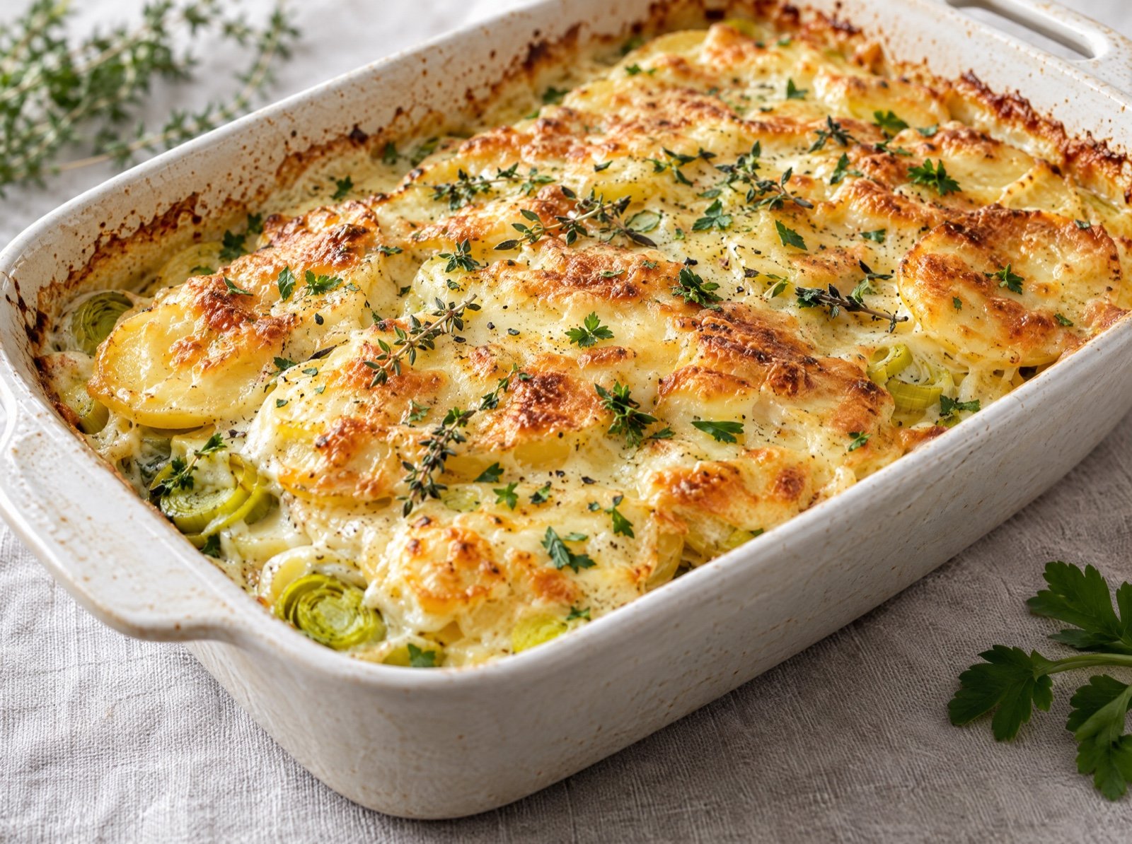 Erdäpfel-Lauch-Auflauf mit Emmentaler und Thymian