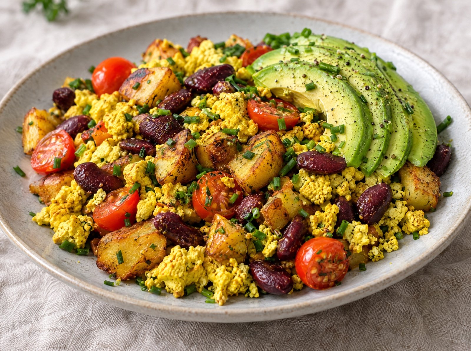 Herzhaftes Tofu-Rührei mit Kartoffeln, Bohnen und Avocado