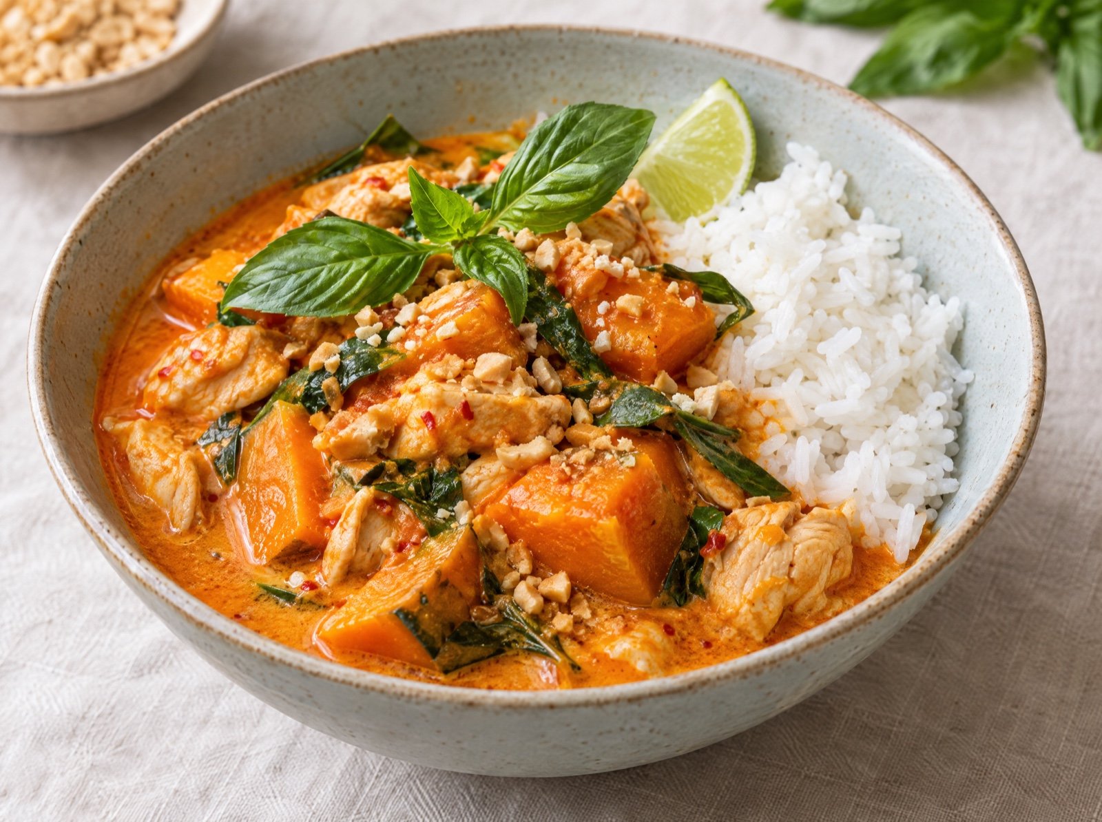 Rotes Panang-Curry mit Hähnchen und Hokkaido-Kürbis
