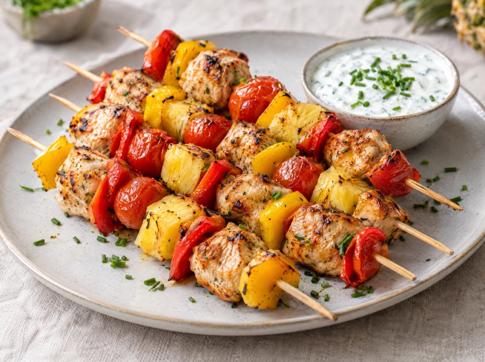 Bunte Hähnchen-Spieße mit Ananas und Schnittlauch-Dip