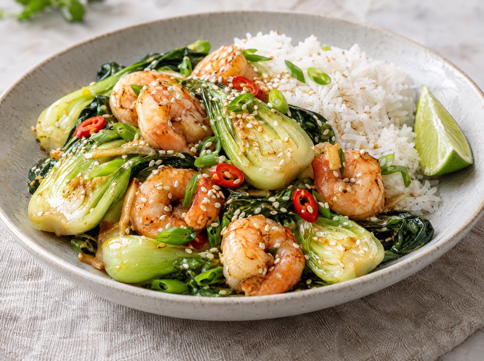 Garnelen-Pak-Choi-Pfanne mit Ingwer und Sesam
