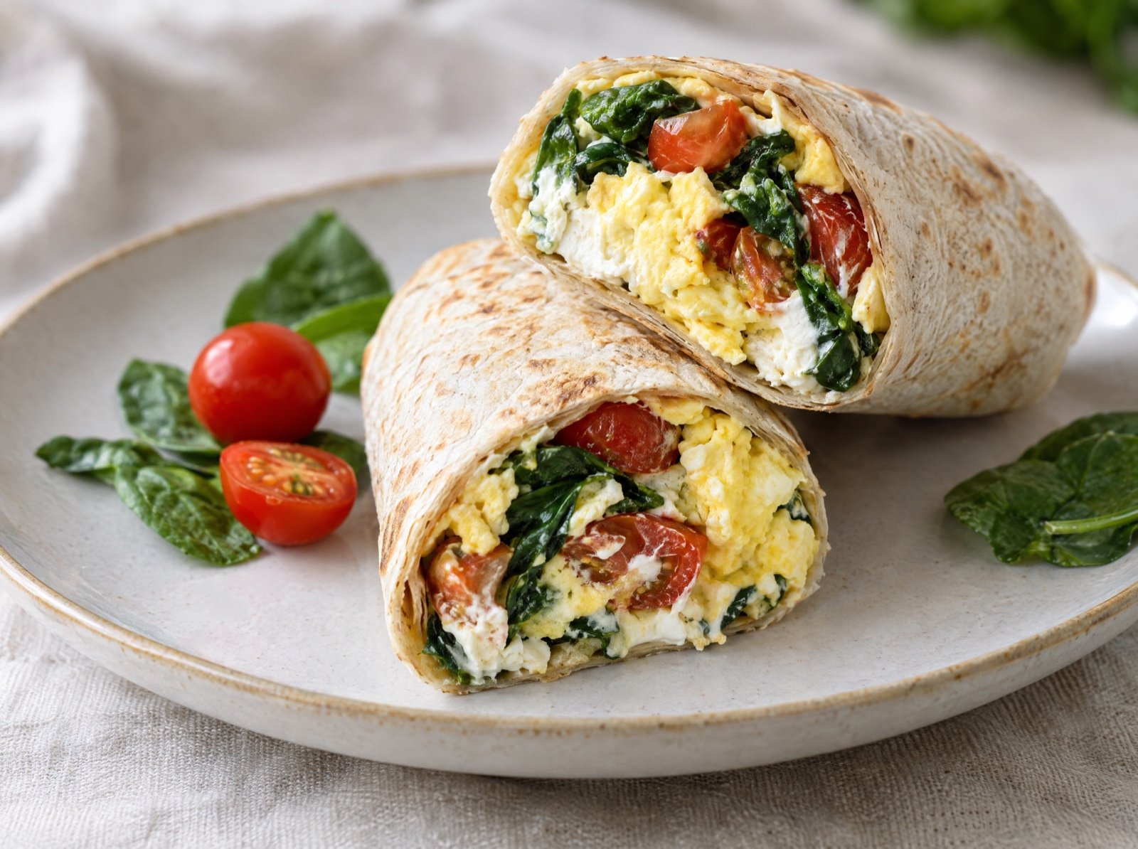 Rührei-Wrap mit Spinat, Kirschtomaten und Frischkäse