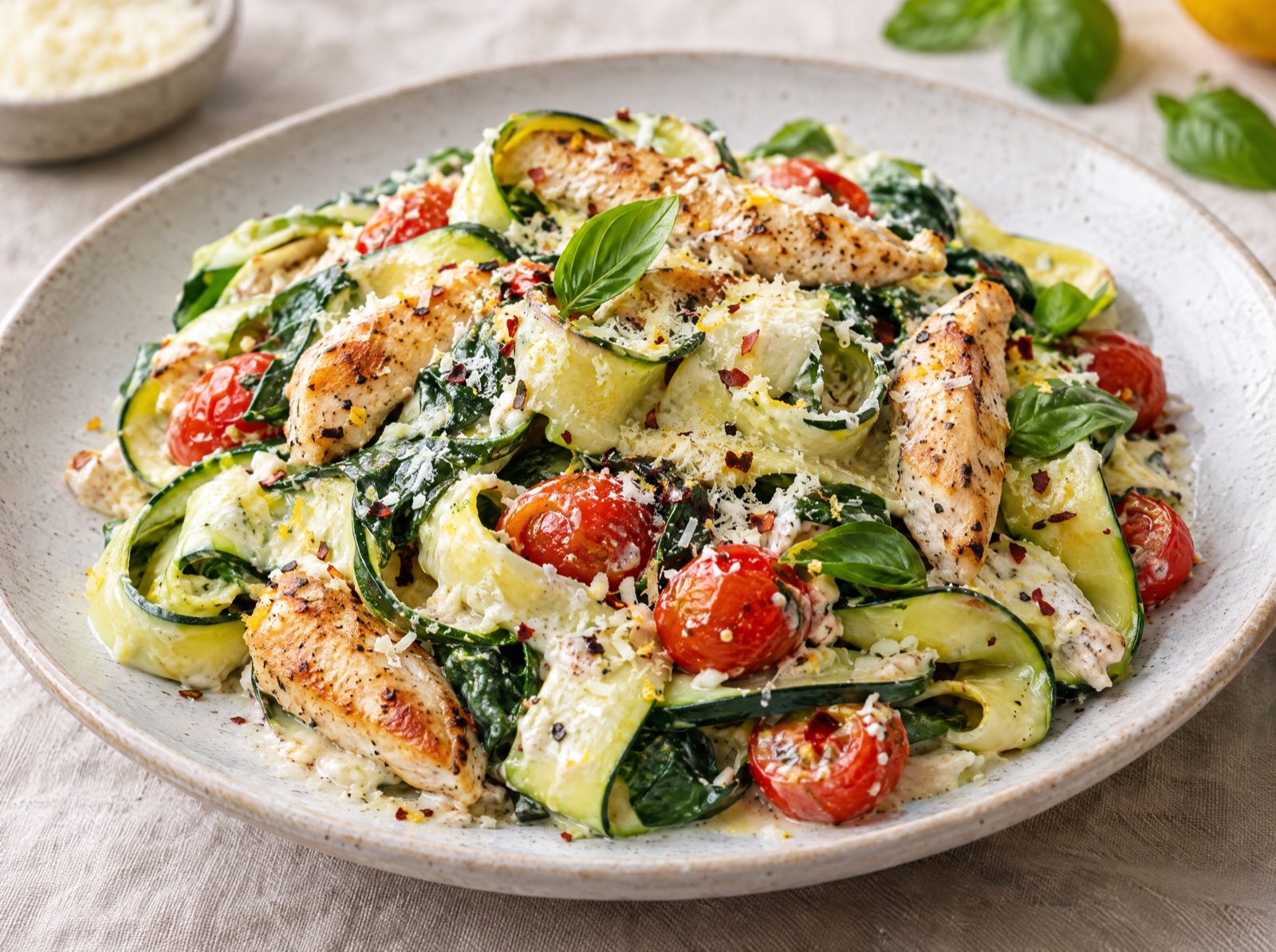 Zucchini-Bandnudeln mit Hähnchen, Spinat und Ricotta-Zitronen-Sauce