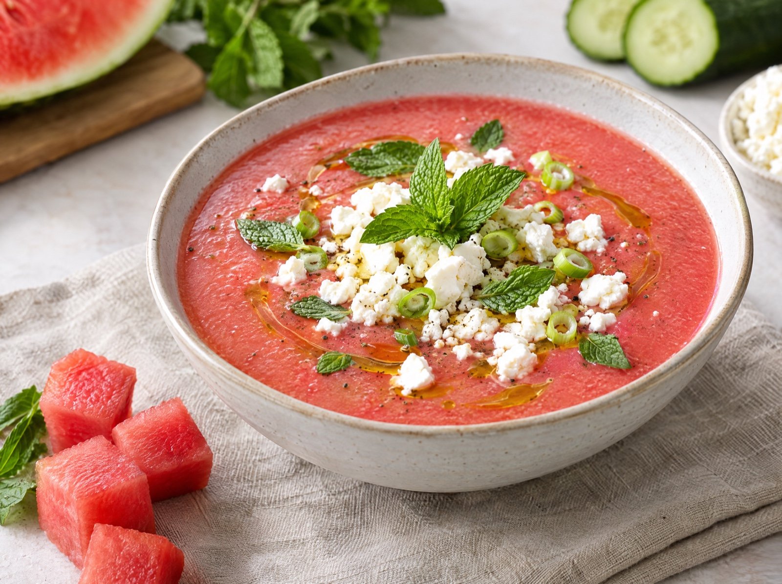 Kalte Wassermelonen-Gurken-Suppe mit Feta und Minze