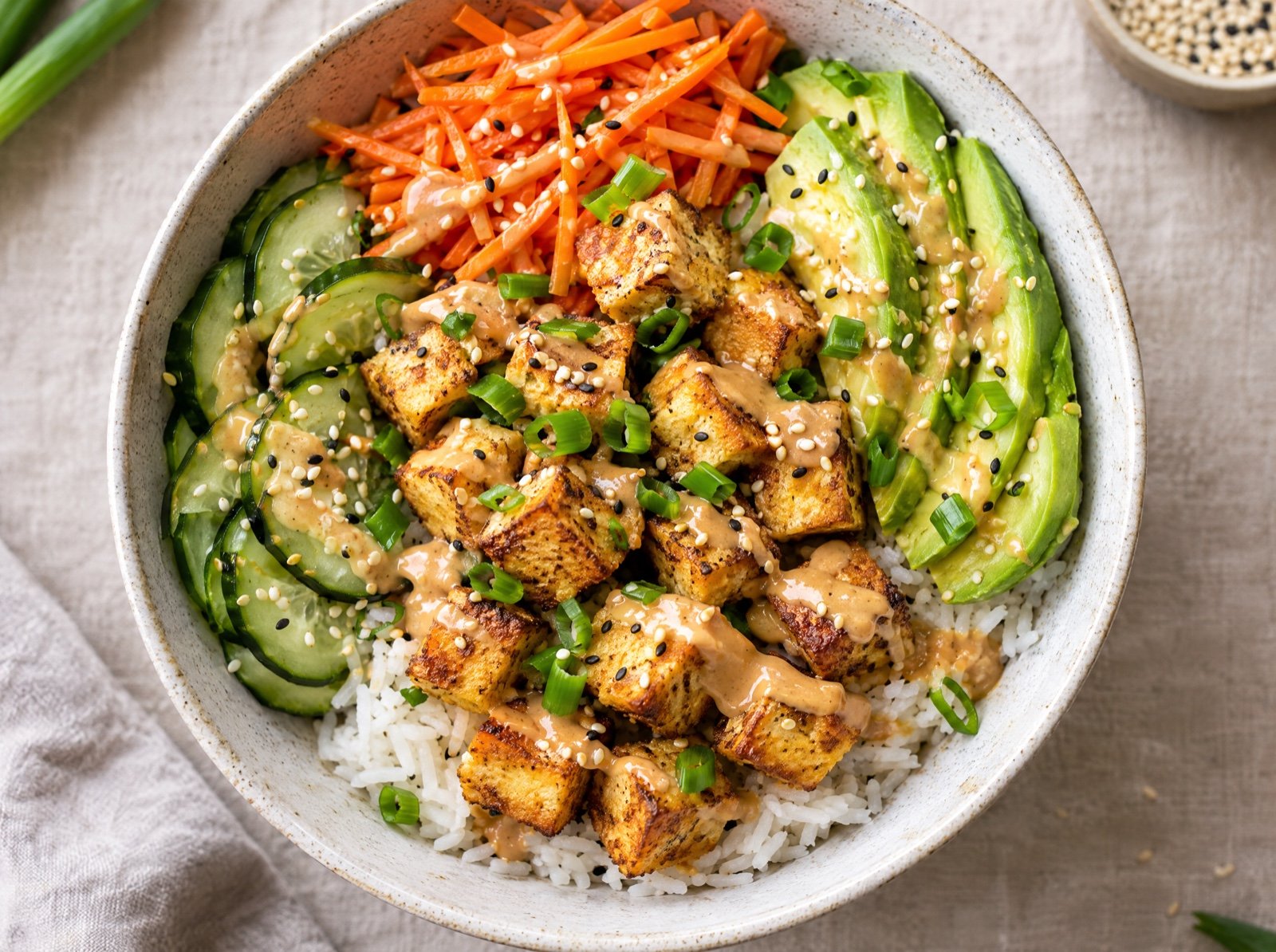 Erdnuss-Tofu-Bowl mit Gurke, Karotte und Avocado