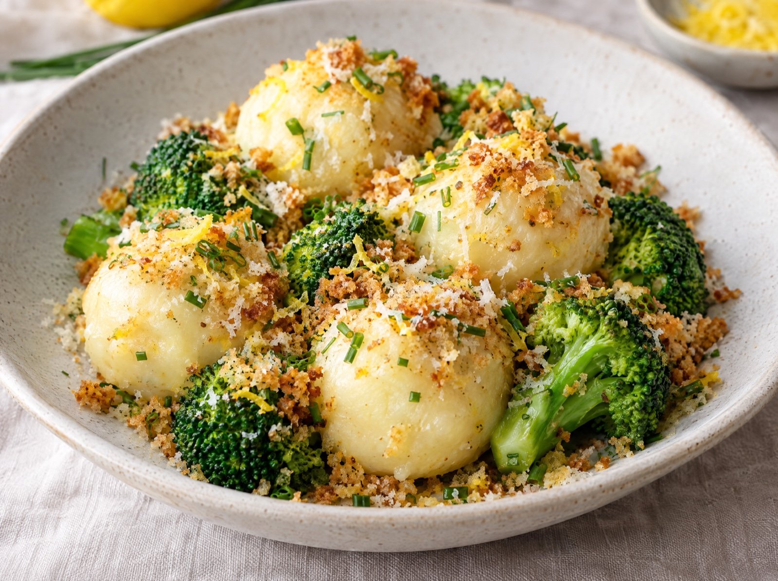 Kartoffelknödel mit Brokkoli und Parmesan-Zitronenbröseln