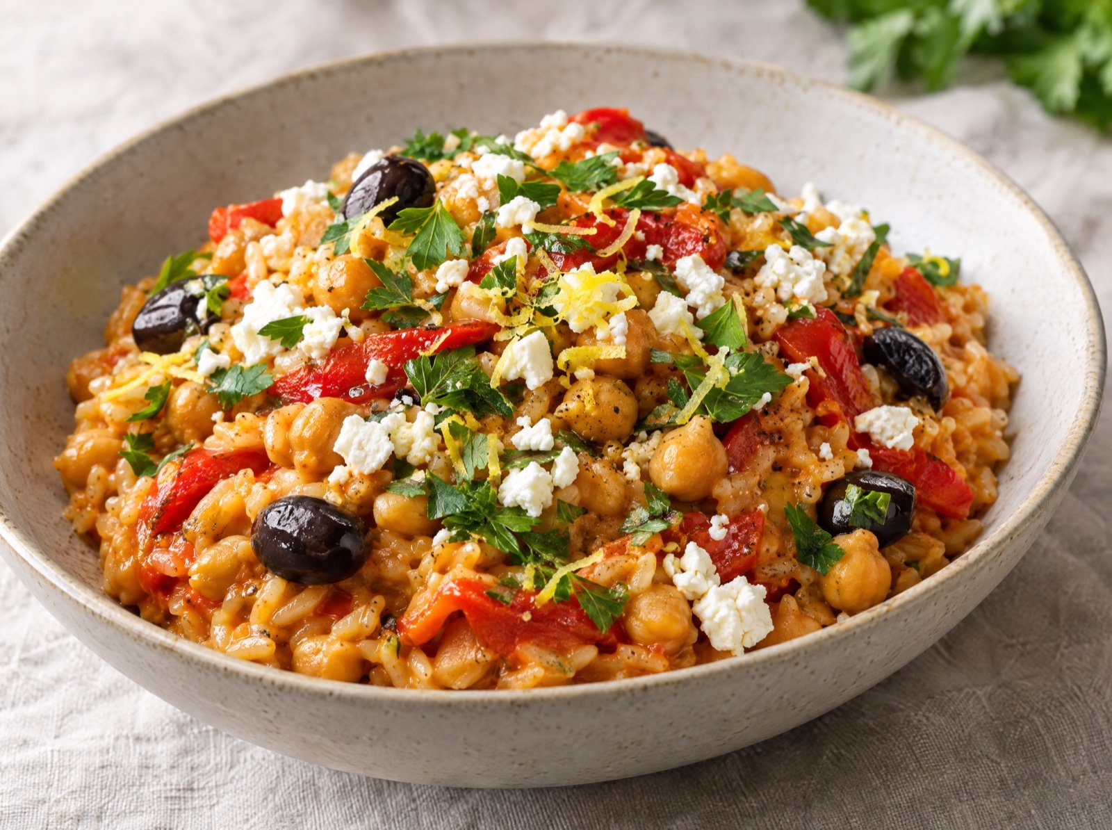 Risotto mit gerösteter Paprika, Kichererbsen und Oliven