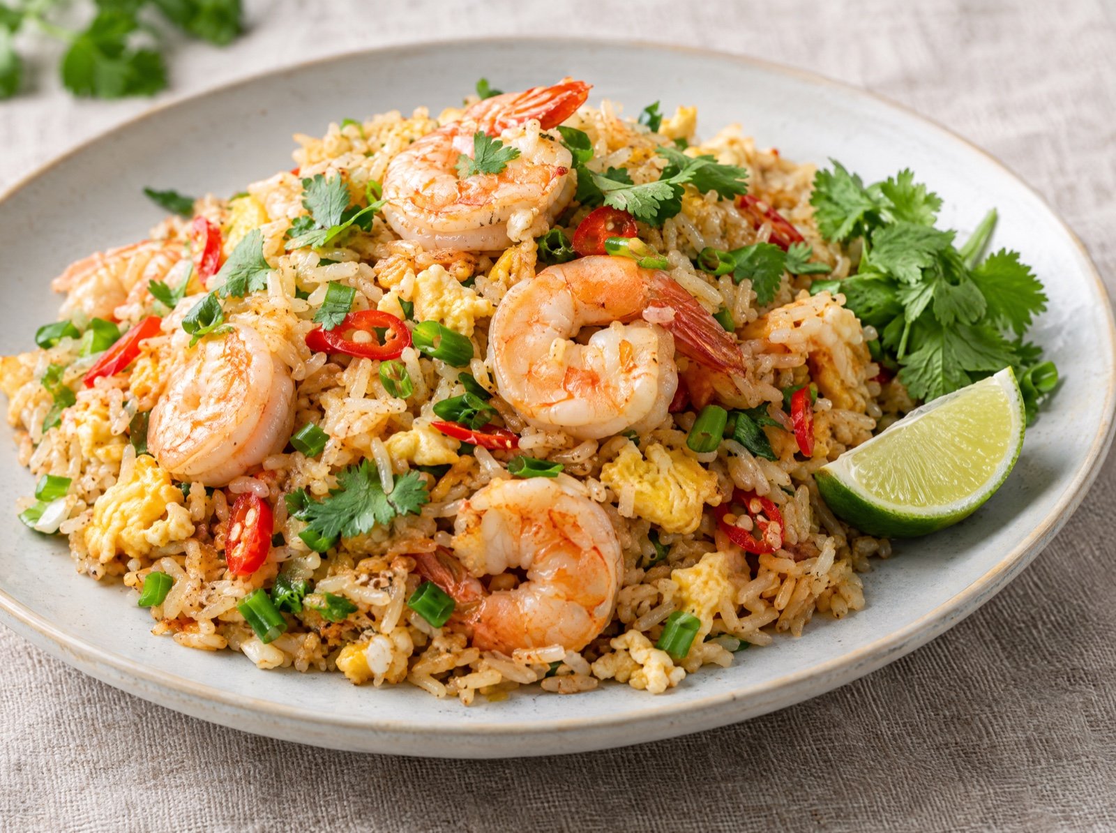 Thailändischer Garnelen-Reis mit Knoblauch und Chili (Khao Pad Kung)