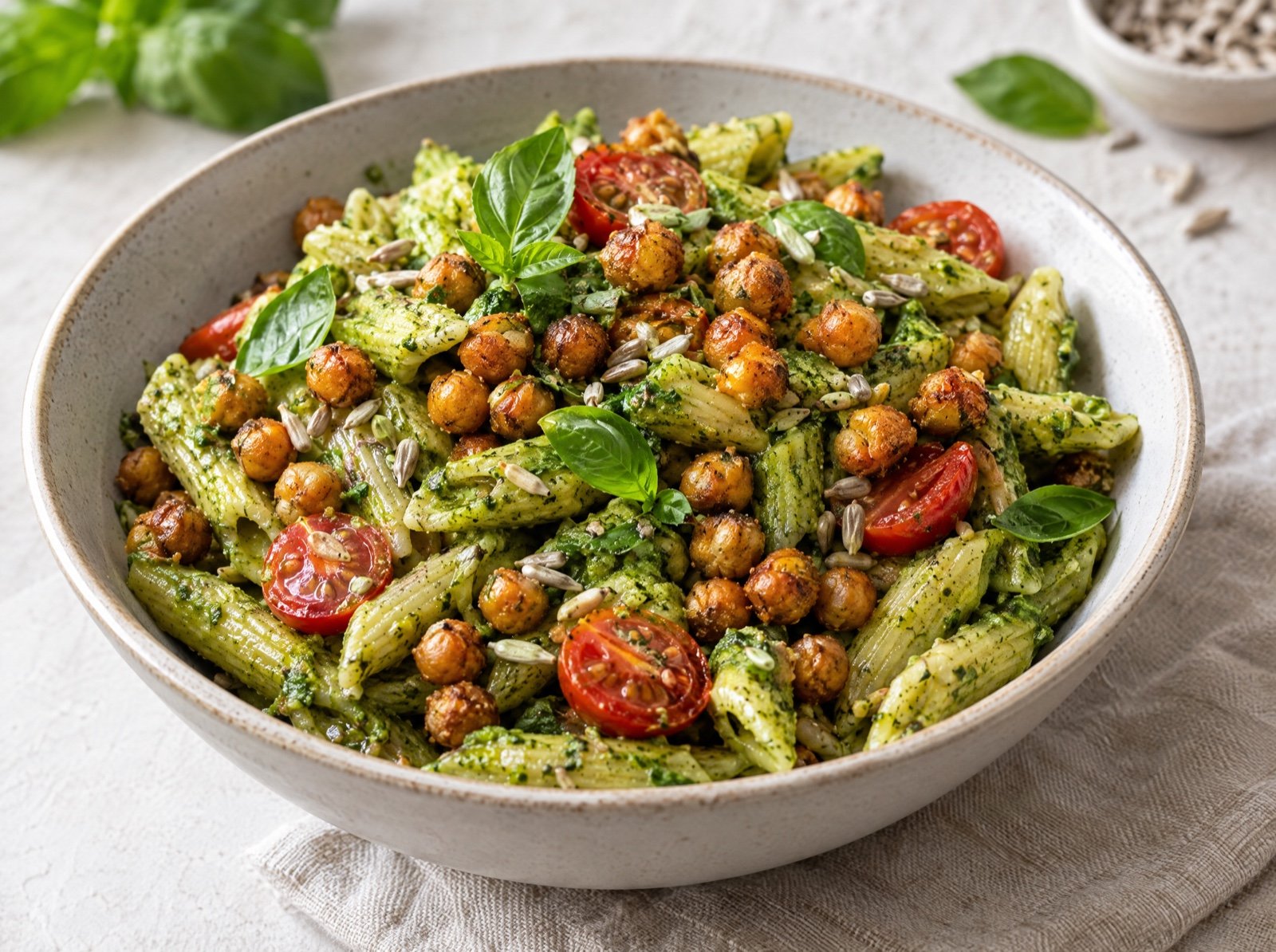 Penne mit Edamame-Pesto und knusprigen Kichererbsen