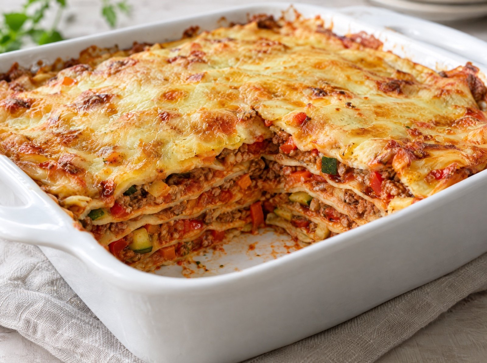 Bunte Pfannkuchen-Lasagne mit Hackfleisch und Gemüse