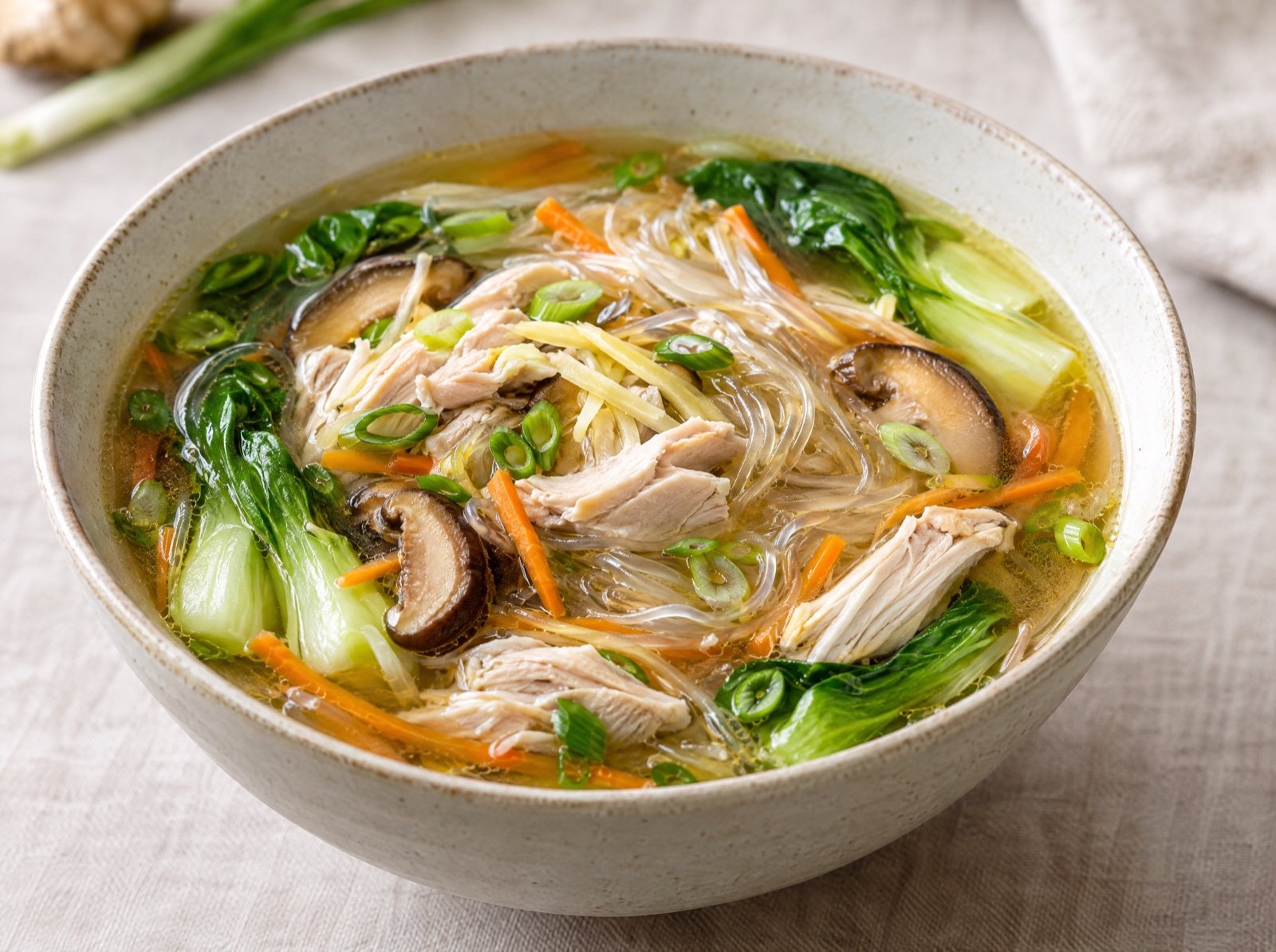 Asiatische Hühnersuppe mit Ingwer und Glasnudeln