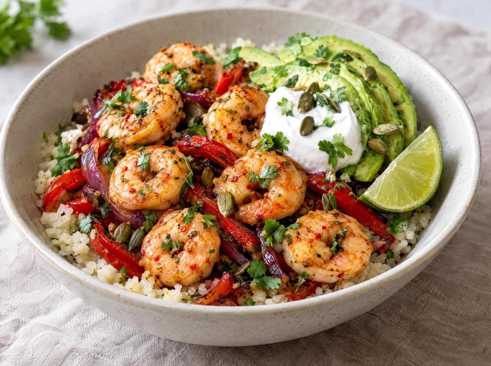 Chili-Limetten-Garnelen mit Paprika und Blumenkohlreis
