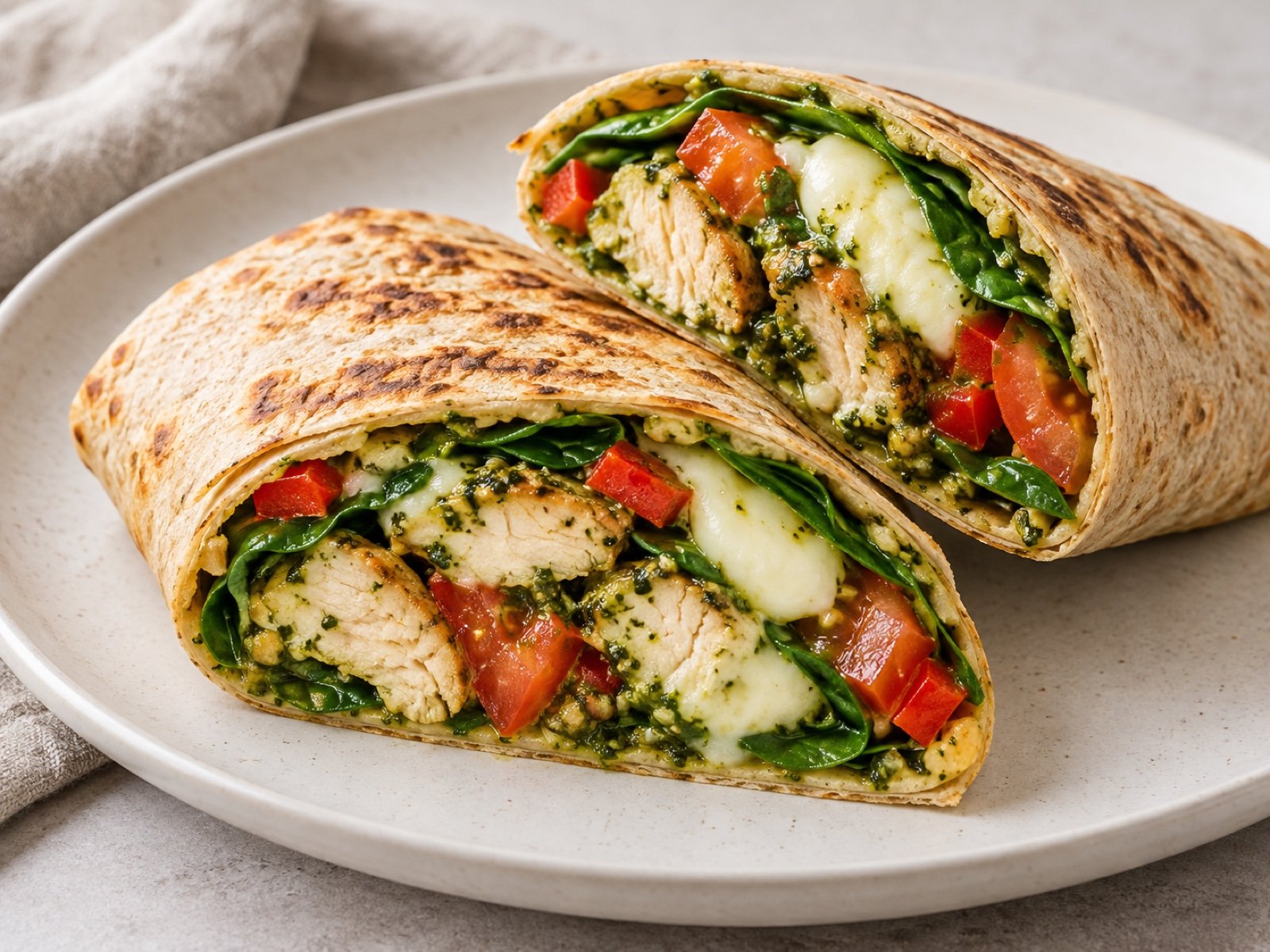 Hähnchen-Pesto-Wraps mit Mozzarella und Spinat