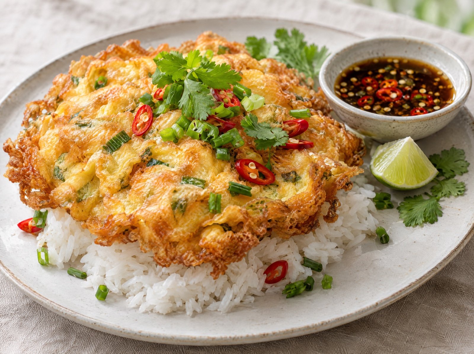 Thailändisches Omelett mit Frühlingszwiebeln und Limetten-Soße