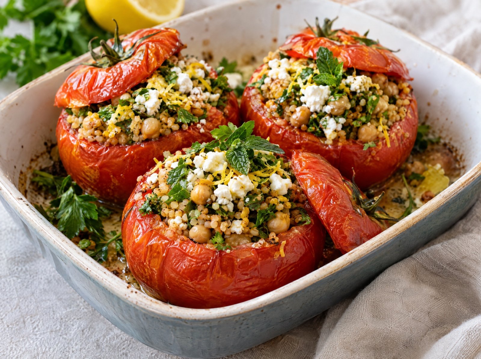 Gefüllte Tomaten mit Bulgur, Kichererbsen und Feta