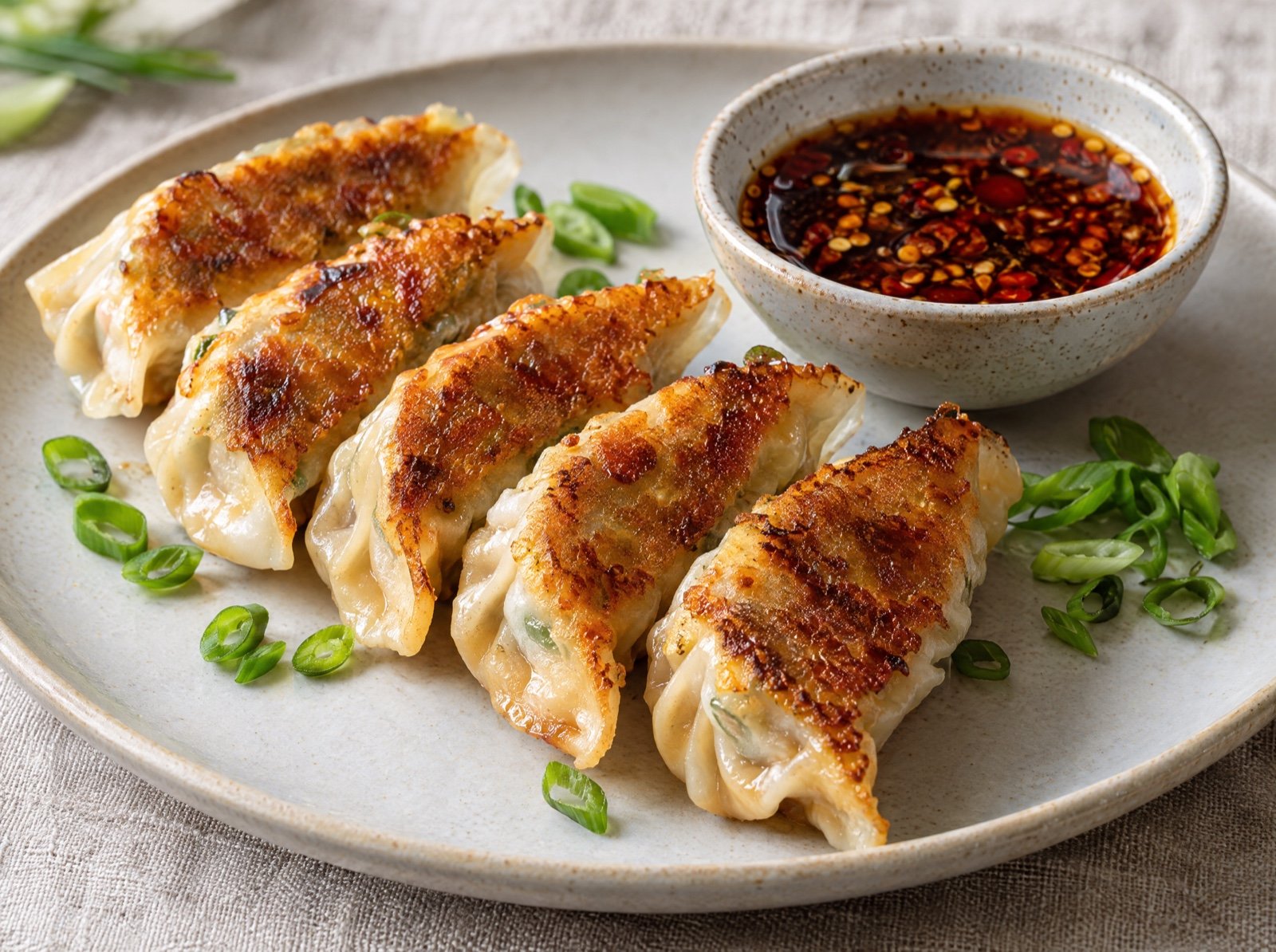 Spicy Shrimp Gyoza with Napa Cabbage and Chili Dip