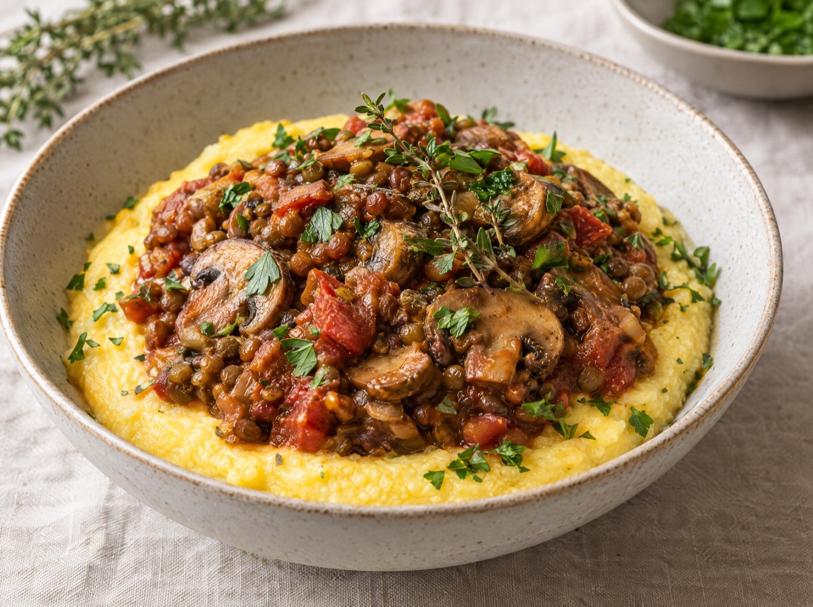 Linsen-Champignon-Ragout auf cremiger Polenta