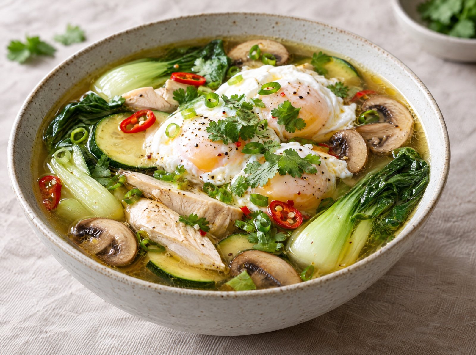 Ingwer-Hähnchensuppe mit Pak Choi und pochierten Eiern