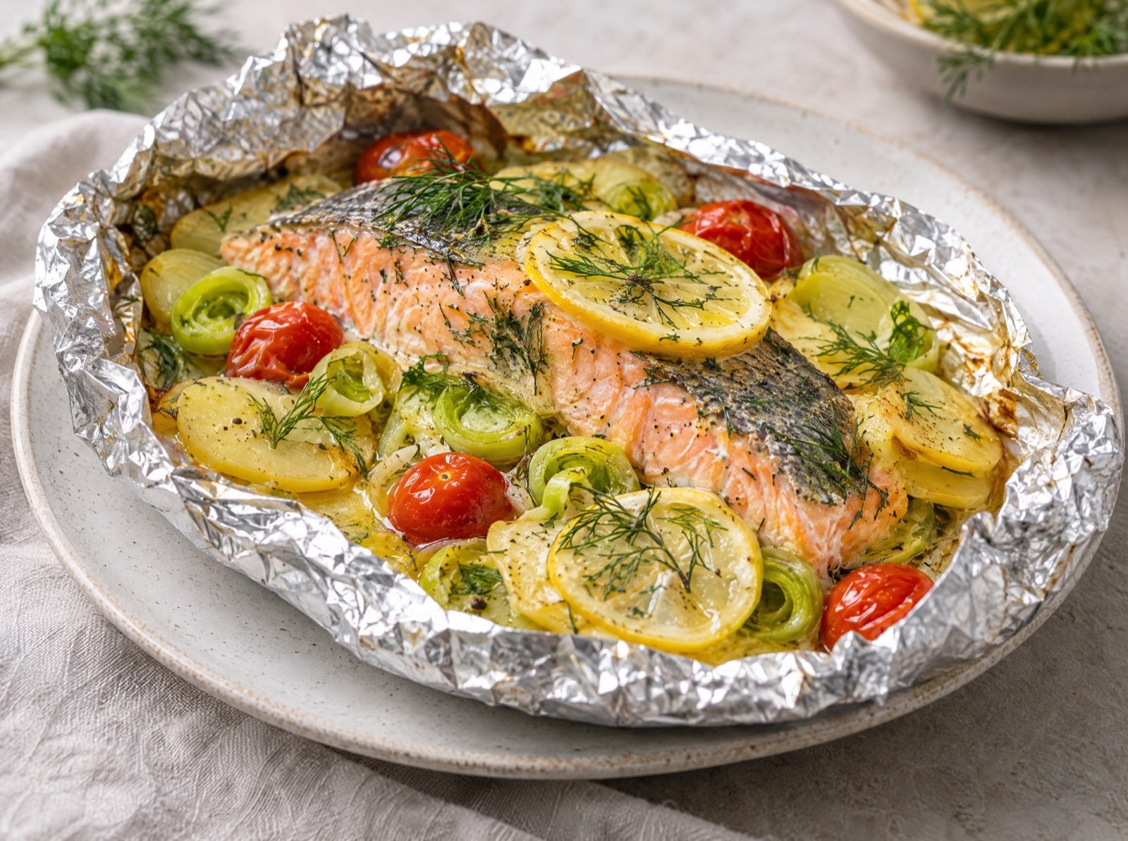 Lachs-Päckchen mit Lauch, Dill und Kartoffeln