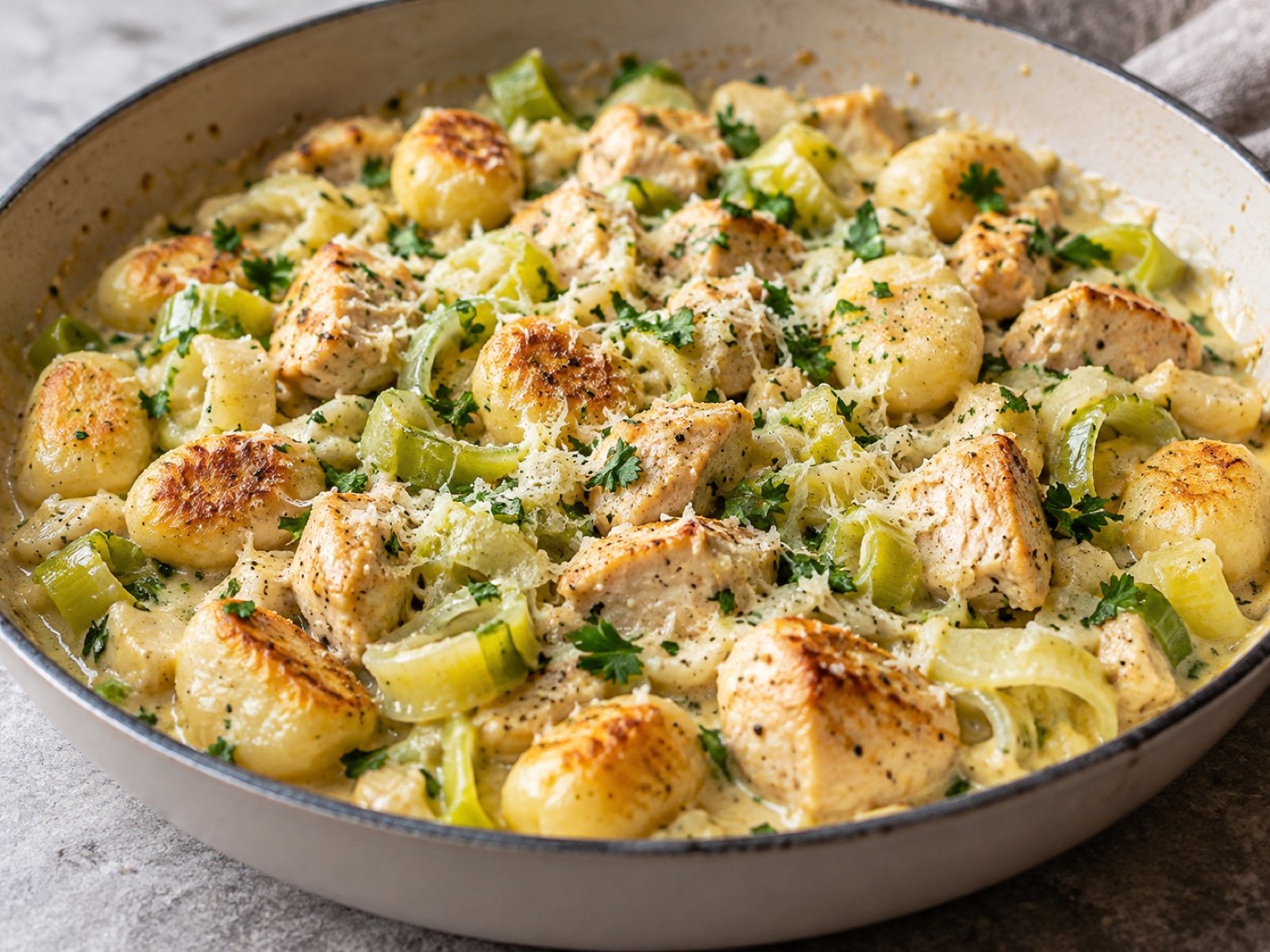 Senf-Gnocchi-Pfanne mit Hähnchen und Lauch