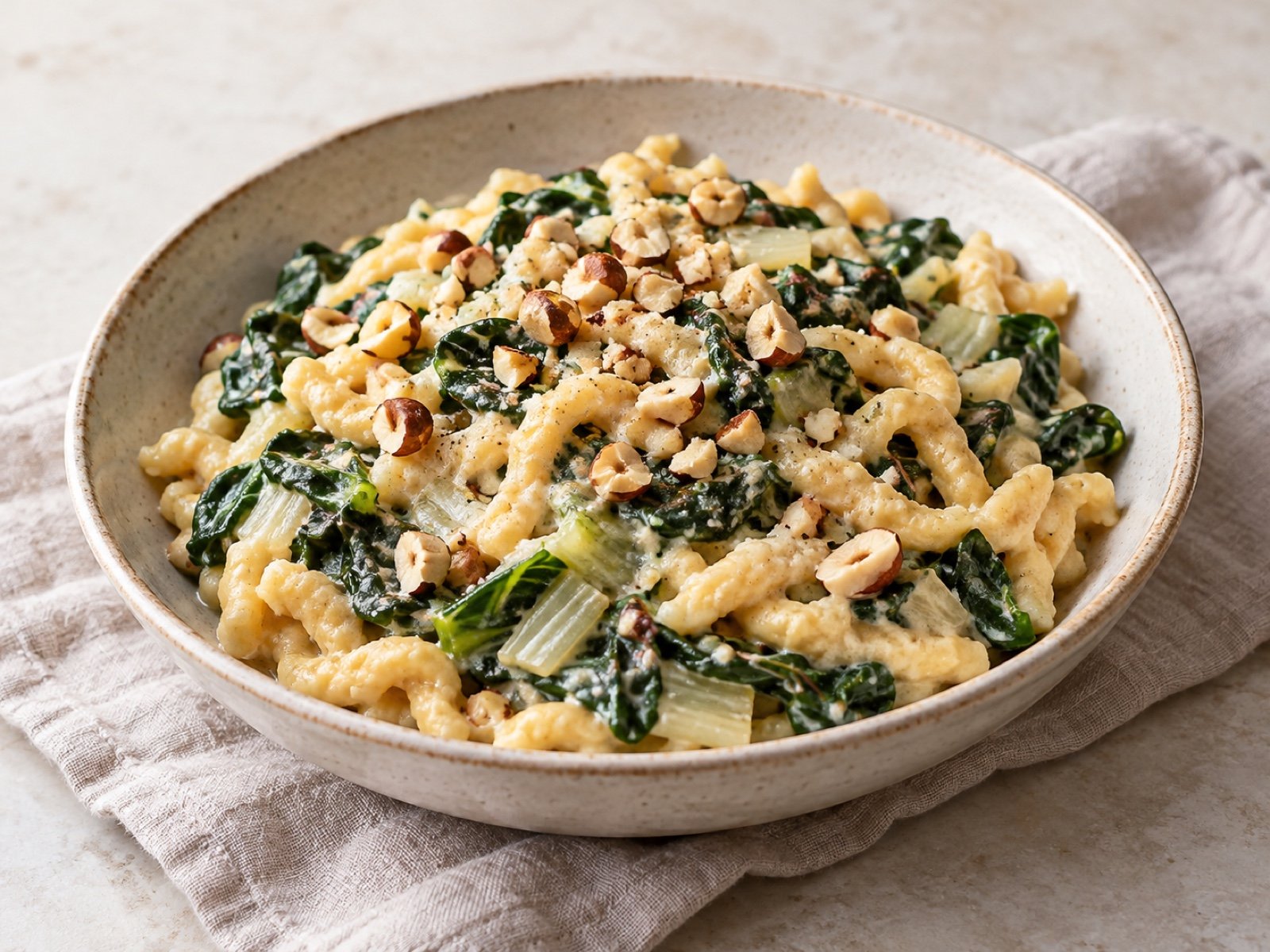 Spätzle mit Mangold-Rahm und gerösteten Haselnüssen