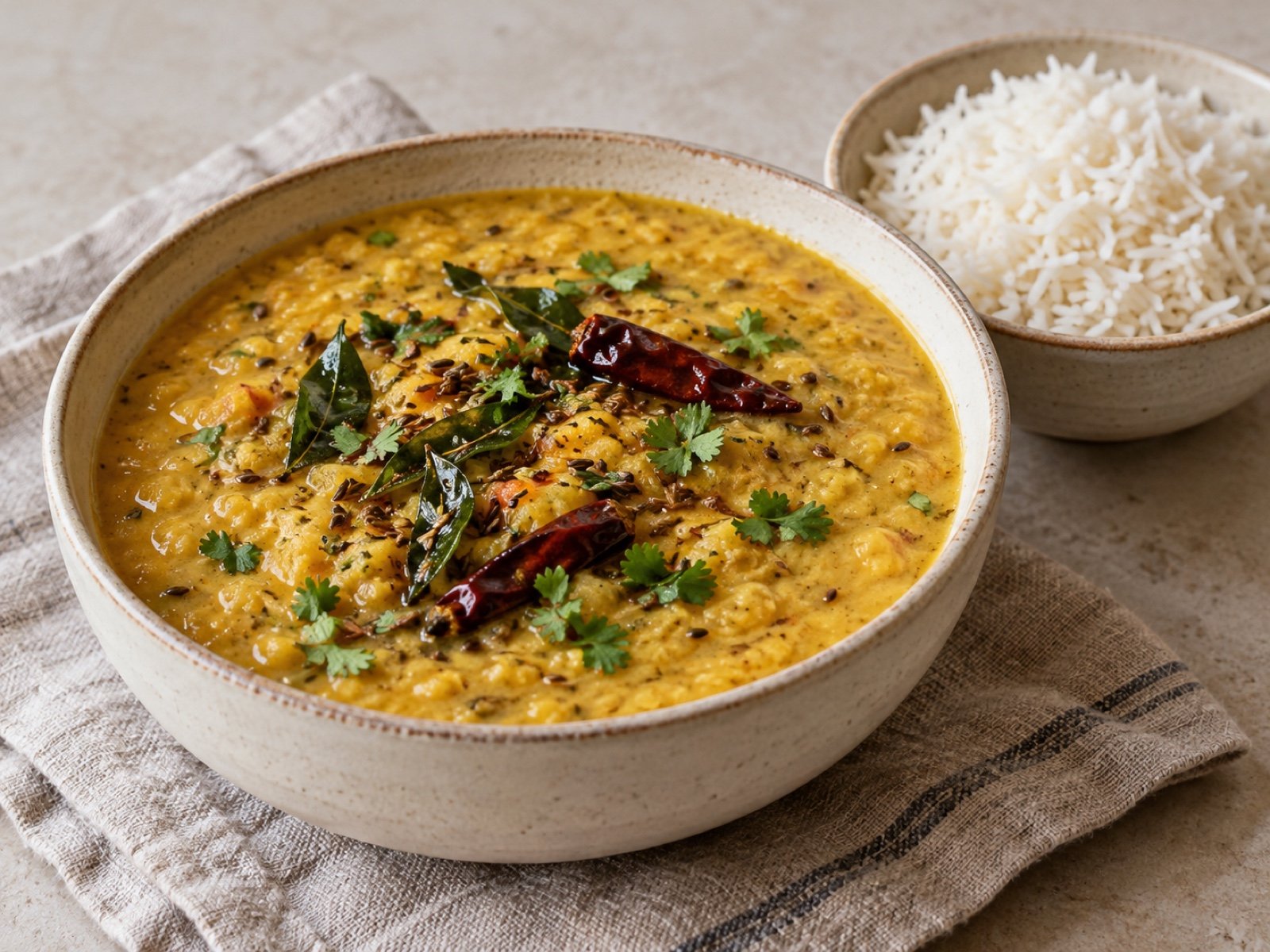 Südindisches Tamarinden-Dal mit Curryblättern und Kokos