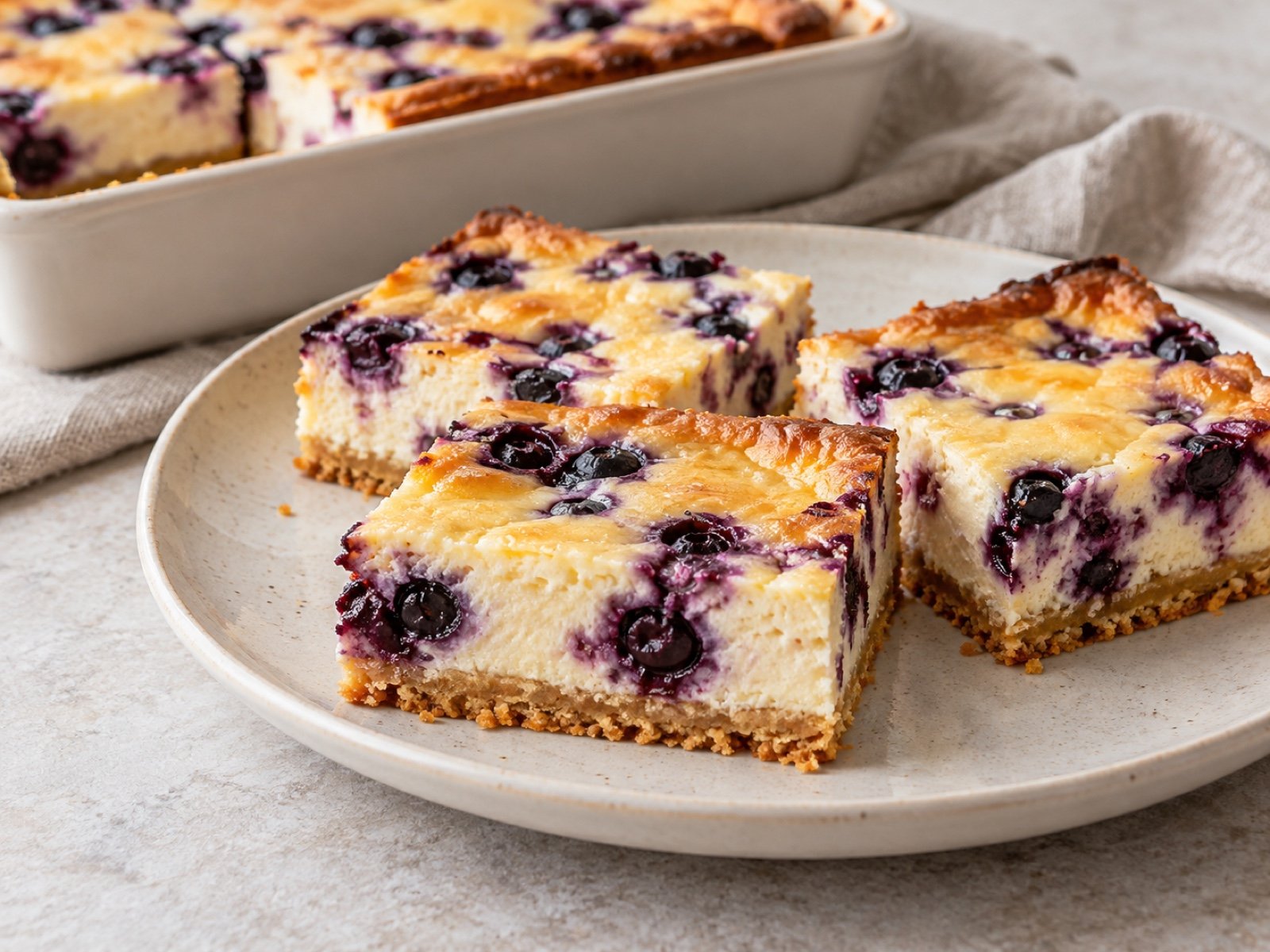 Heidelbeer-Cheesecake-Riegel mit Butterkeksboden