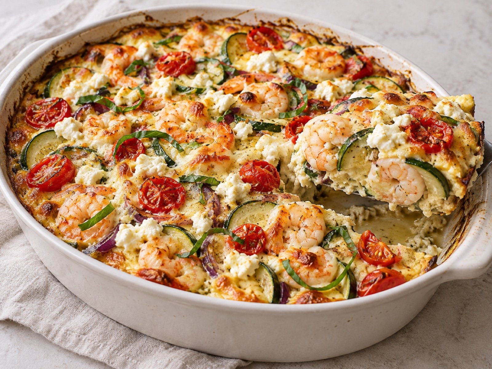 Mediterraner Garnelen-Zucchini-Auflauf mit Feta