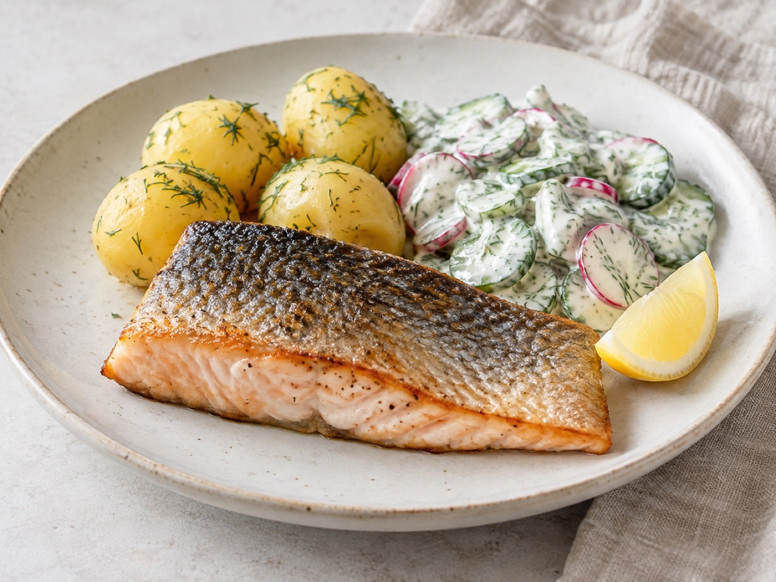 Saibling mit Gurken-Dill-Schmand und Kartoffeln