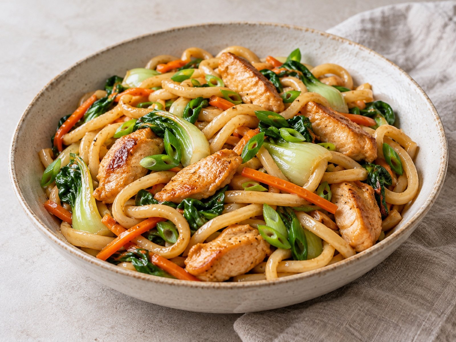 Knusprige Hähnchen-Udon-Pfanne mit Pak Choi und Ingwer