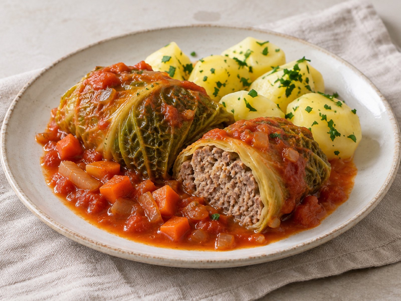 Kohlrouladen in Tomatensauce mit Petersilienkartoffeln