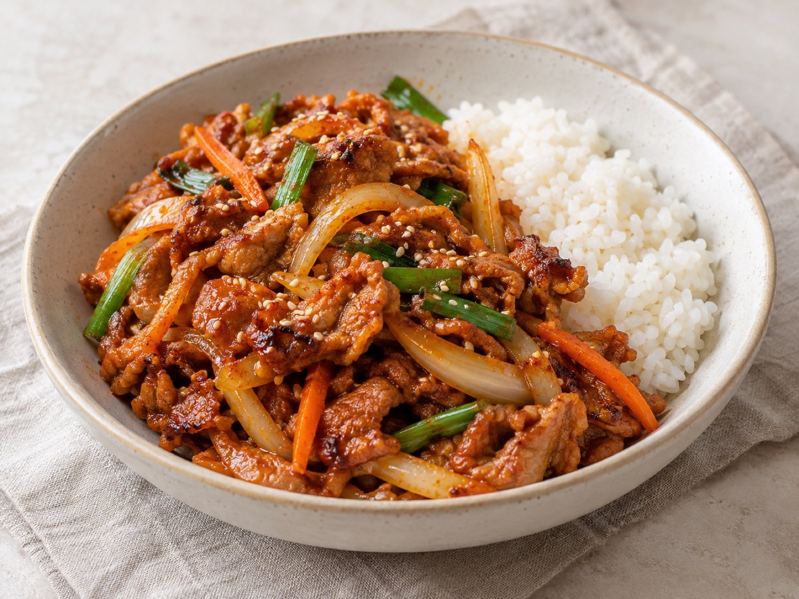 Koreanisches Dwaeji Bulgogi aus dem Wok