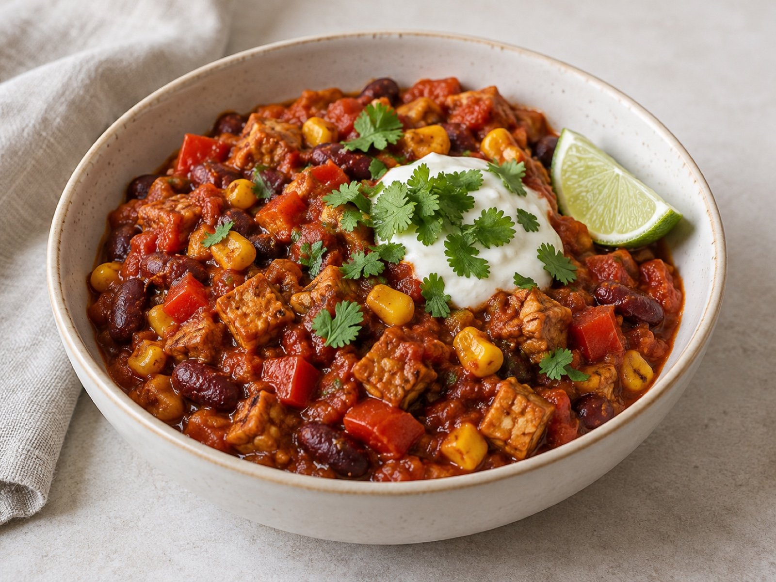 Tempeh-Chili mit Kidneybohnen und Mais