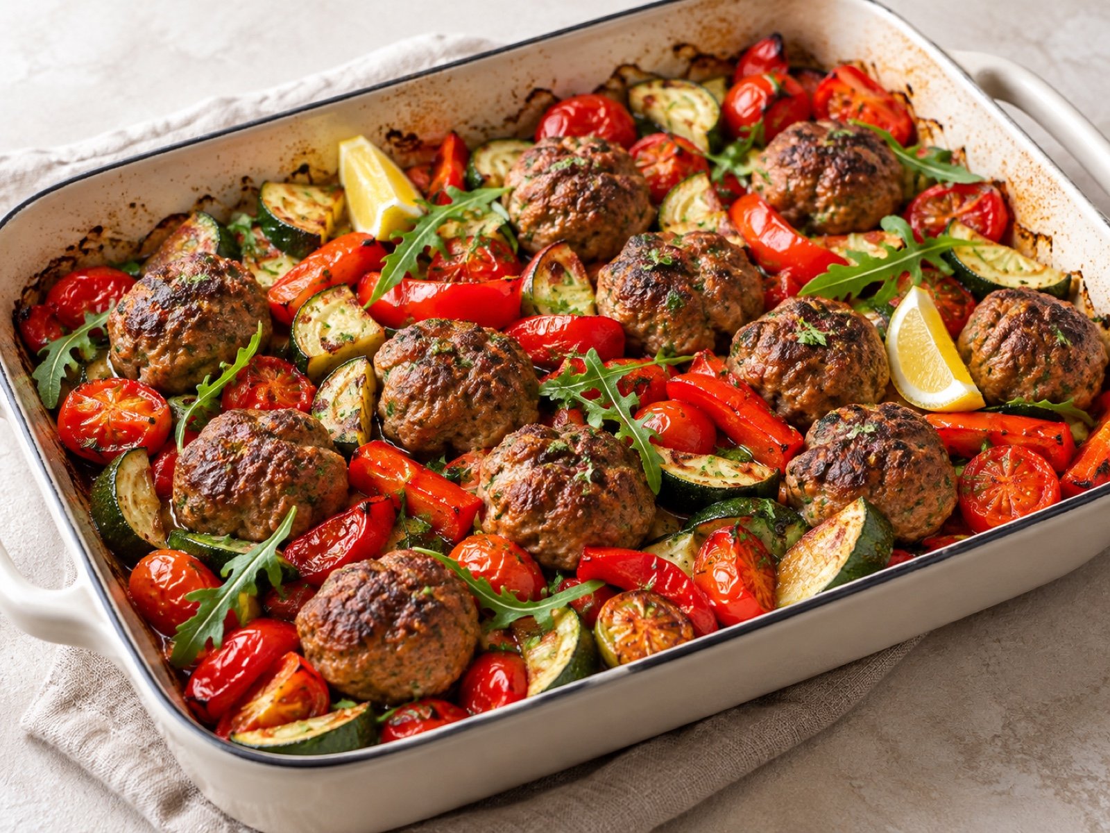Ofen-Hackbällchen mit Paprika, Zucchini und Kirschtomaten