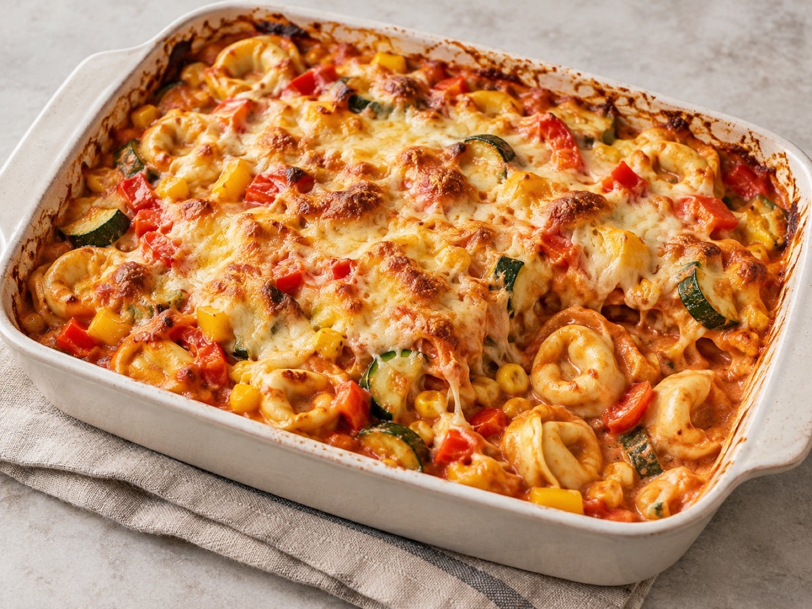 Bunter Tortellini-Auflauf mit Paprika und Mais