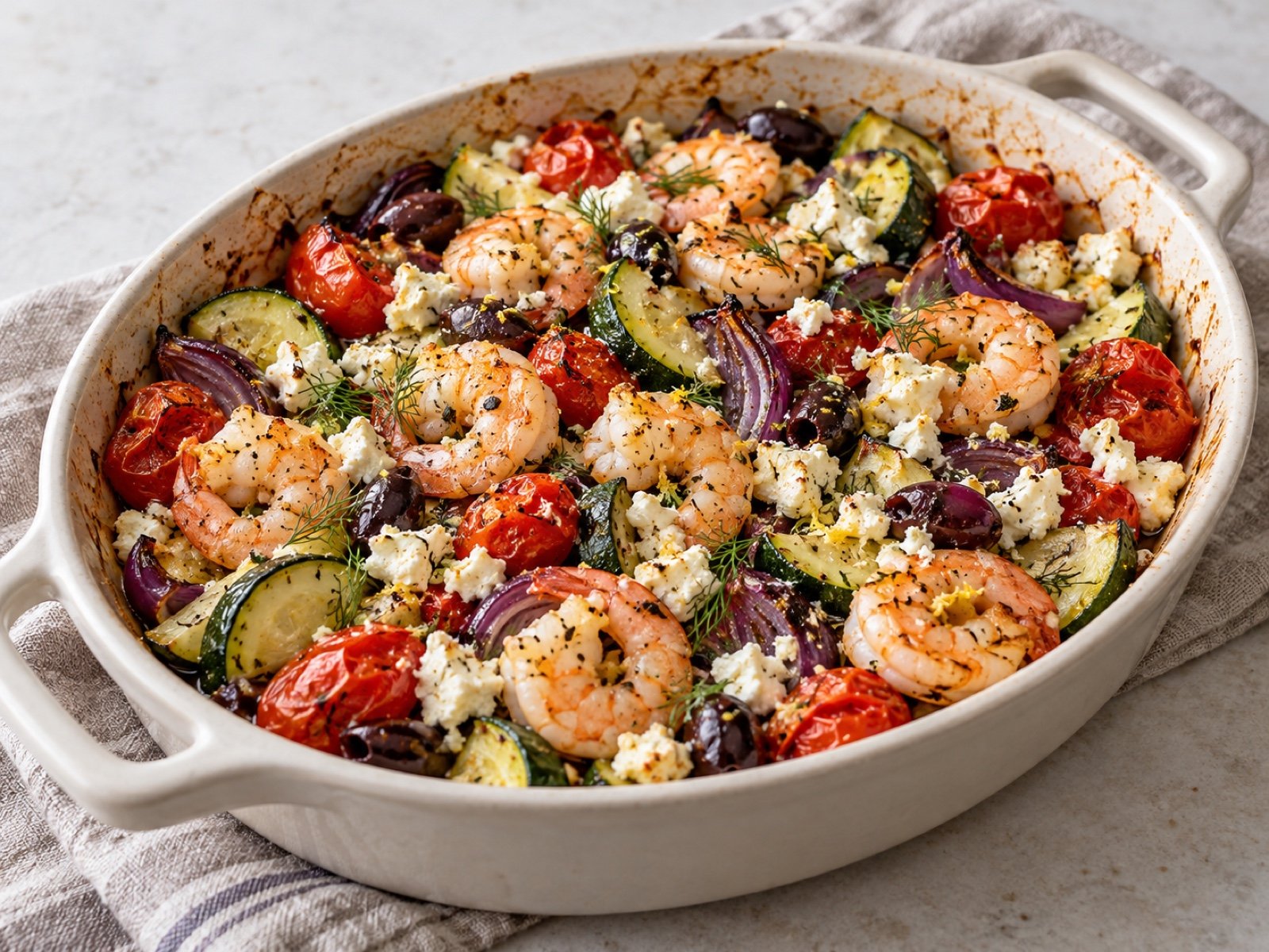Ofen-Garnelen mit Feta, Kirschtomaten und Oliven