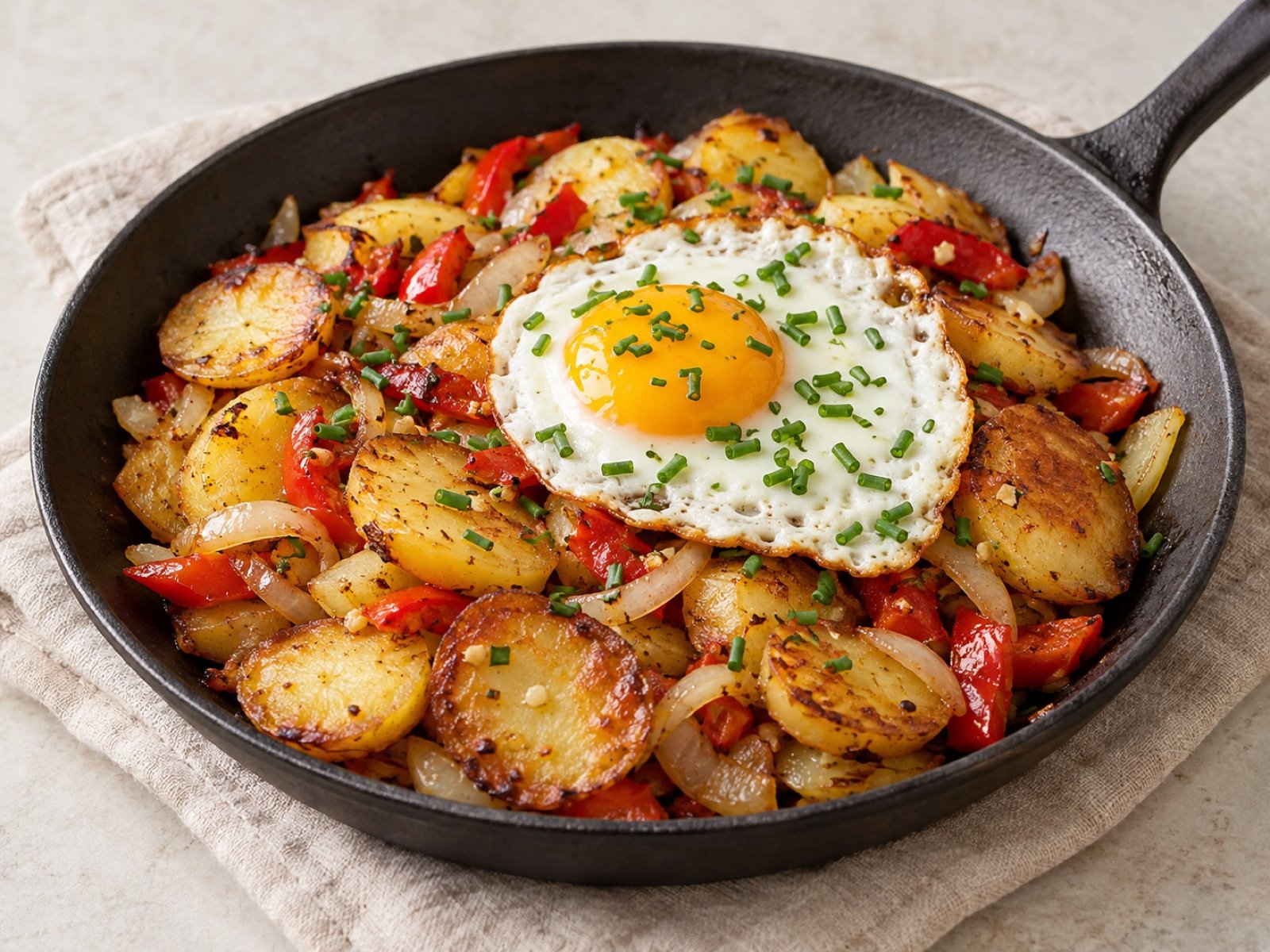 Erdäpfelgröstl mit Paprika und Spiegelei