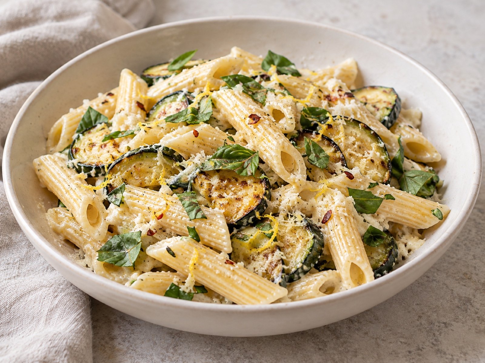 Penne mit Zucchini, Ricotta und Zitrone