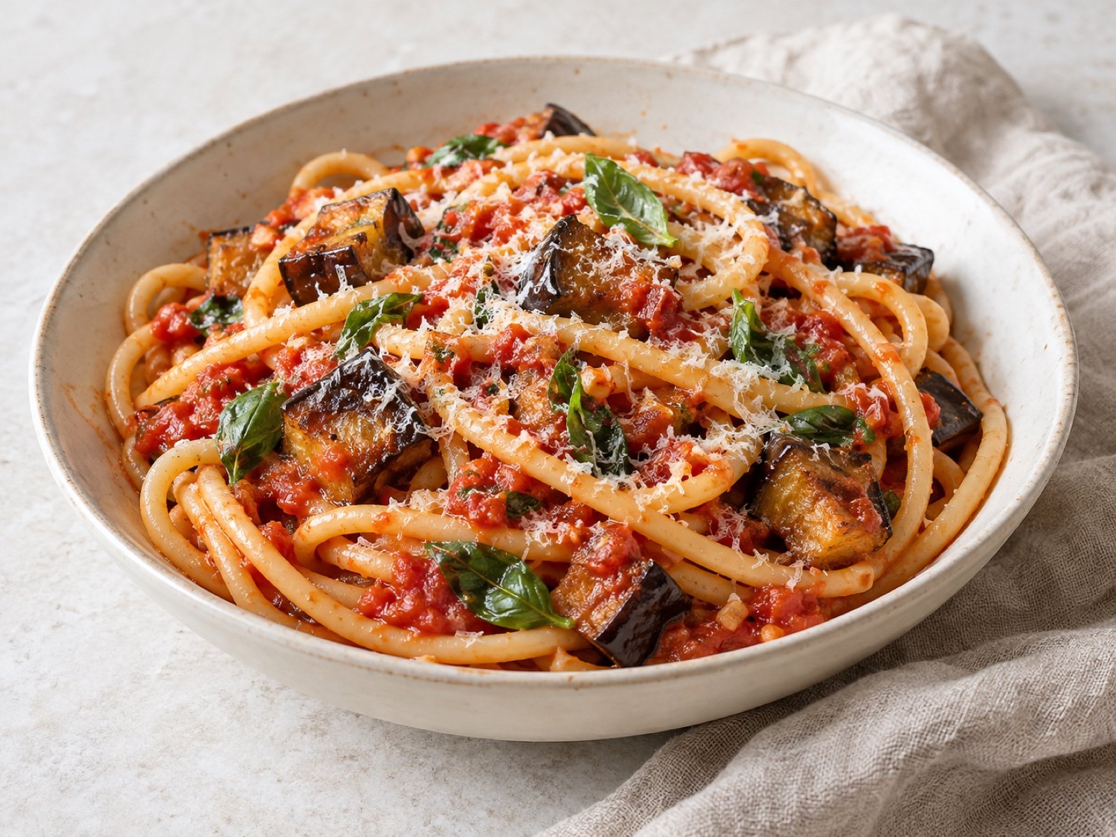 Bucatini alla Norma mit Auberginen und Basilikum