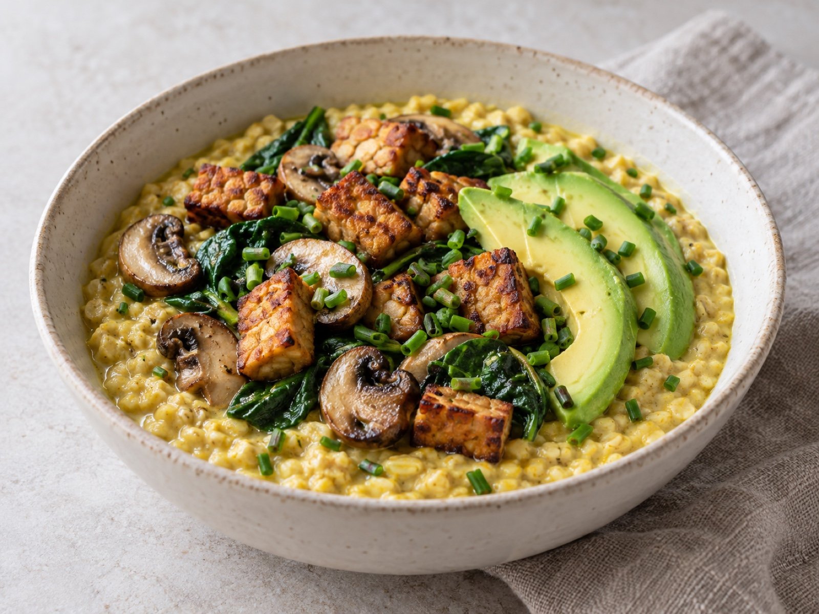 Herzhafter Hafer-Porridge mit Tempeh, Pilzen und Spinat