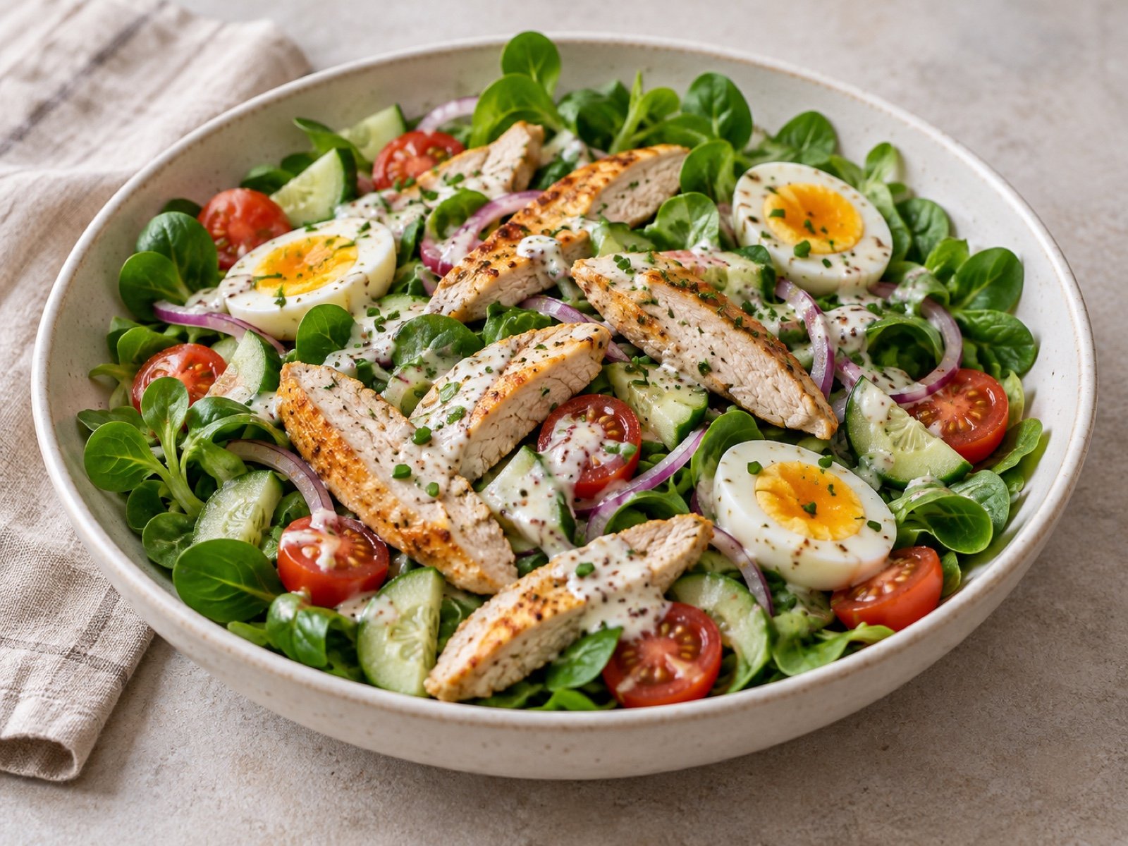Lauwarmer Putenstreifen-Salat mit Ei und Joghurt-Senf-Dressing